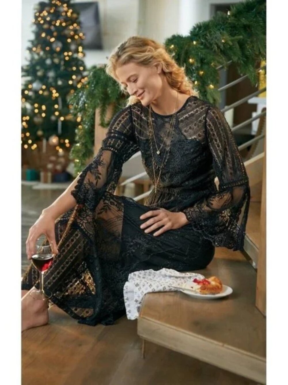 Boho Soft Surroundings Yasmin Dress Size 8 Missy Black Sheer Lace Goth Witchy
